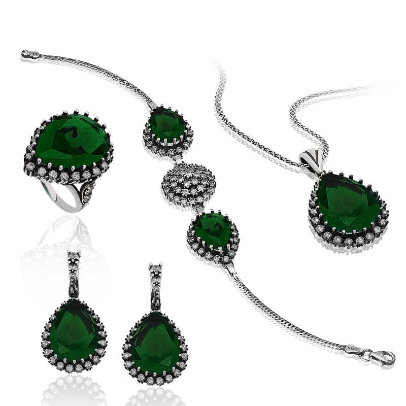 Women's Green Gemmed Silver Jewelry Set