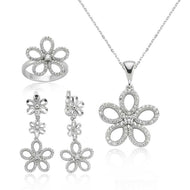 Women's Gemmed Daisy Figure Silver Necklace, Ring & Earrings Set