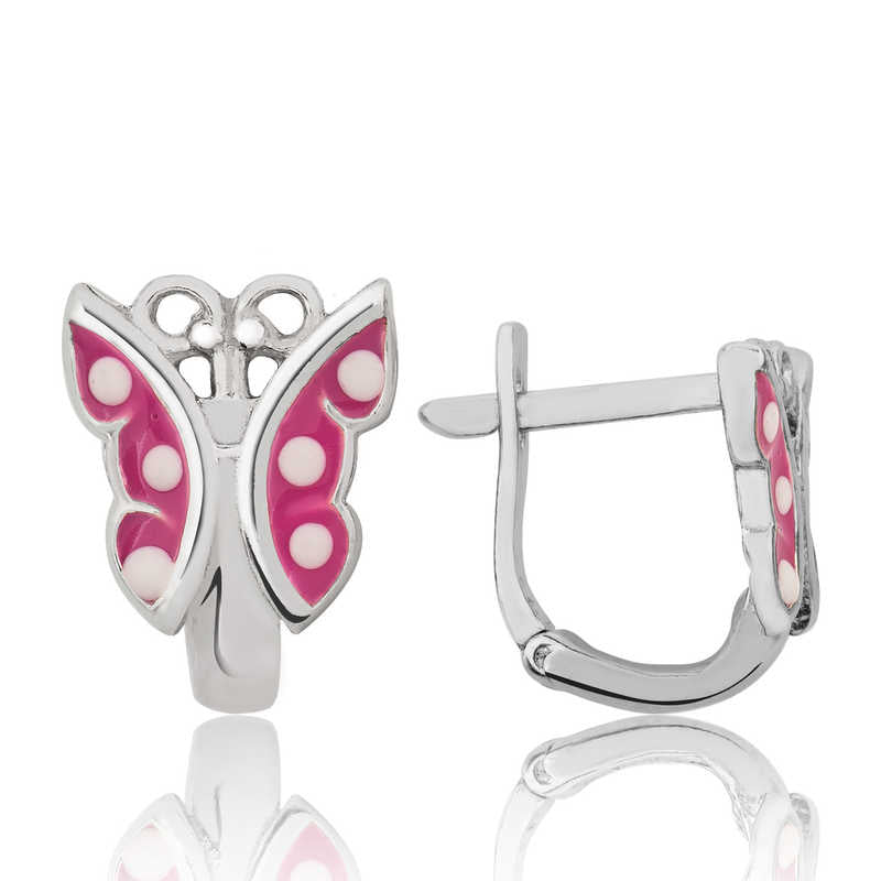 Girl's Pink Butterfly Figure Silver Earrings