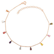 Women's Multi-color Drop Gemmed Rose Plated Silver Anklet