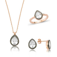 Women's Drop Gemmed Rose Plated Silver Necklace, Ring & Earrings Set