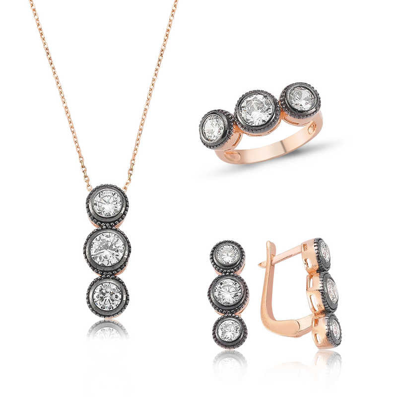 Women's 3 Gemmed Rose Plated Silver Necklace, Ring & Earrings Set