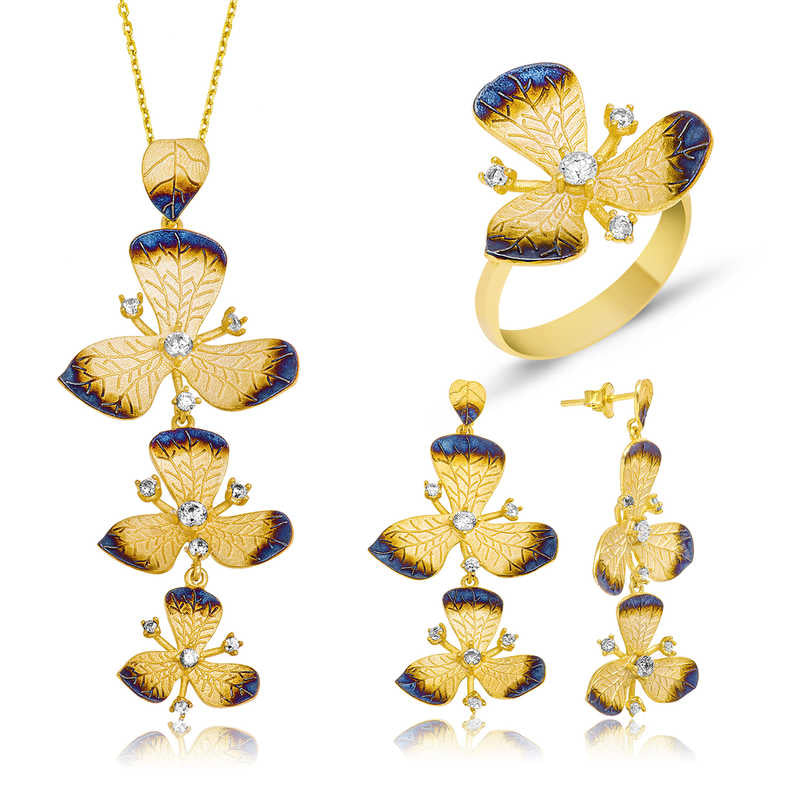 Women's Yellow Floral Pendant Necklace, Ring & Earrings Set