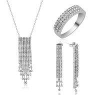 Women's White Gemmed Silver Necklace, Ring & Earrings Set