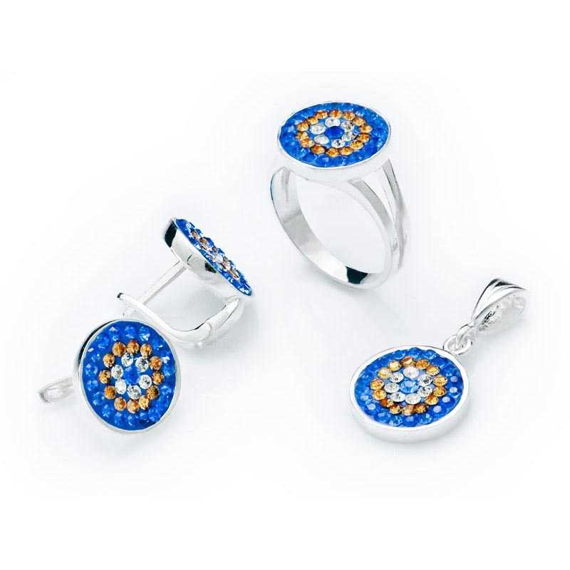 Women's Evil Eye Design Silver Necklace, Ring & Earrings Set