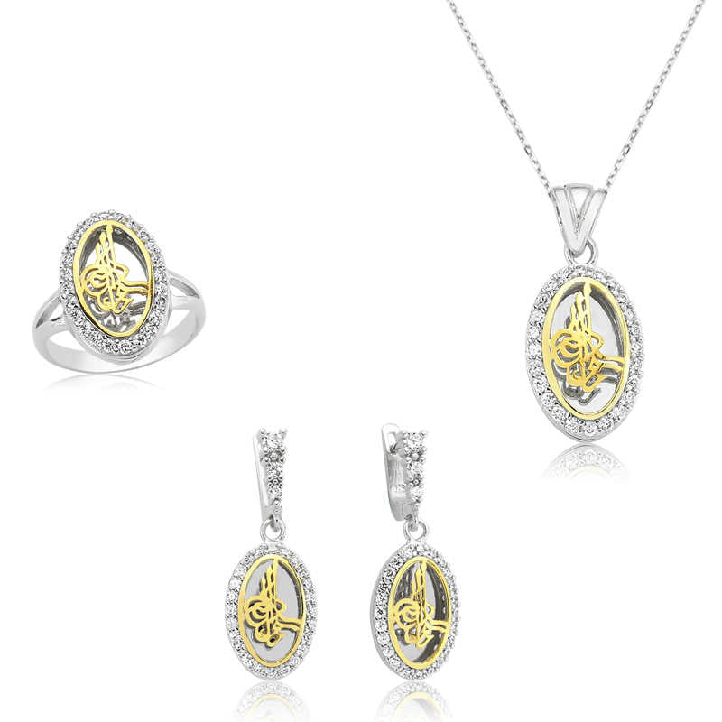 Women's Tughra Figure Silver Necklace, Ring & Earrings Set