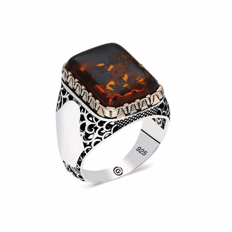 Men's Square Figure Amber Stone Silver Ring