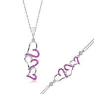 Women's Pink Gemmed 3 Hearts Pendant Silver Necklace & Bracelet Set