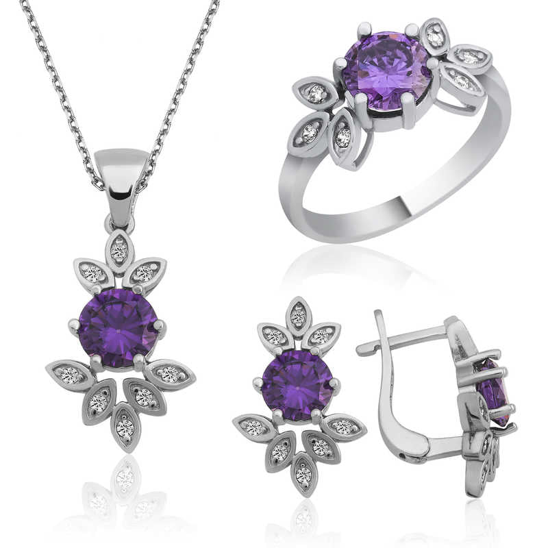 Women's Purple Gemmed Silver Necklace, Ring & Earrings Set