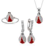 Women's Ladybug Design Silver Necklace, Ring & Earrings Set
