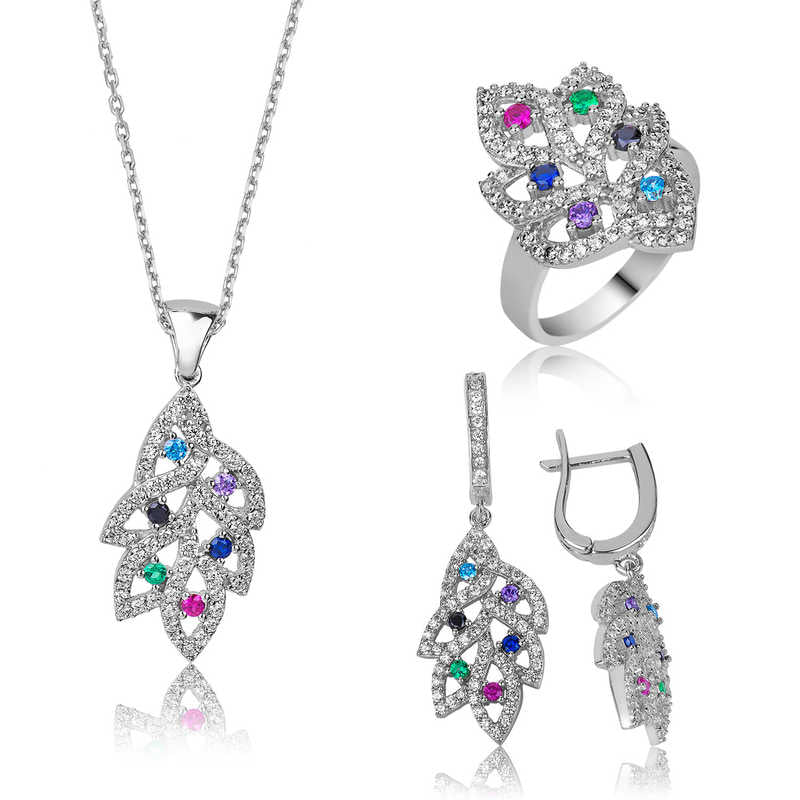 Women's Multi-color Gemmed Necklace, Ring & Earrings Set