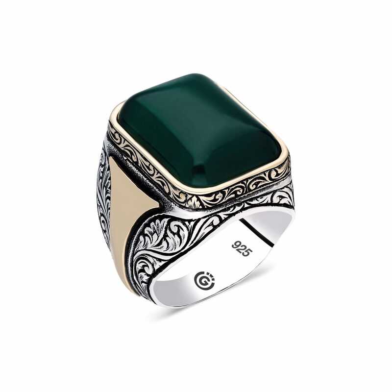 Men's Green Agate Stone Silver Ring