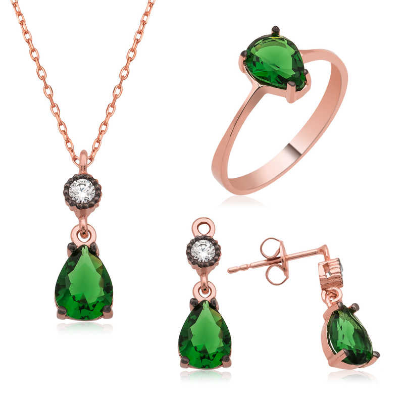 Women's Green Drop Gemmed Necklace, Ring & Earrings Set