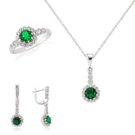 Women's Green Gemmed Silver Necklace, Ring & Earrings Set