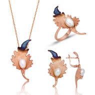 Women's Lily Design Silver Necklace, Ring & Earrings Set