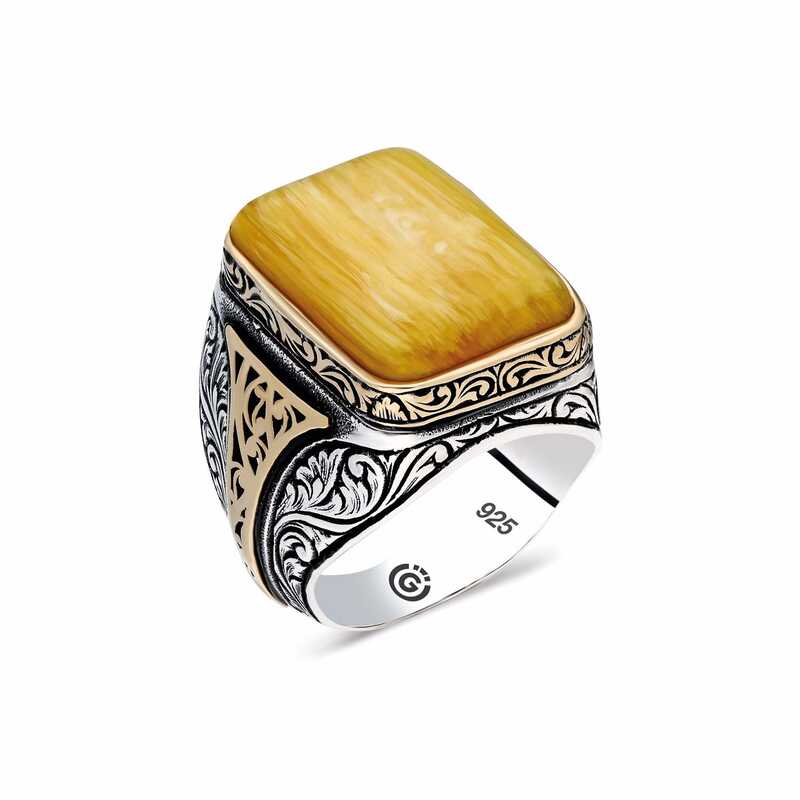 Men's Square Figure Amber Stone Silver Ring