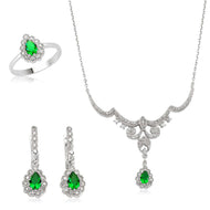 Women's Green Gemmed Silver Necklace, Ring & Earrings Set