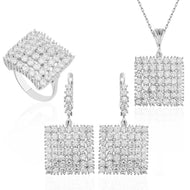Women's Zircon Gemmed Square Pendant Necklace, Ring & Earrings Set