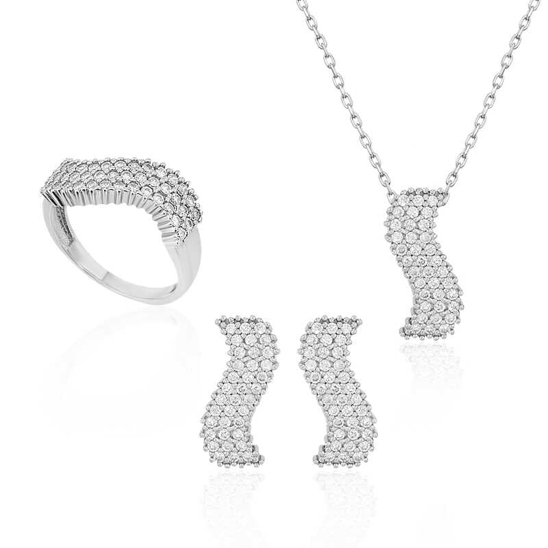 Women's White Gemmed Silver Necklace, Ring & Earrings Set