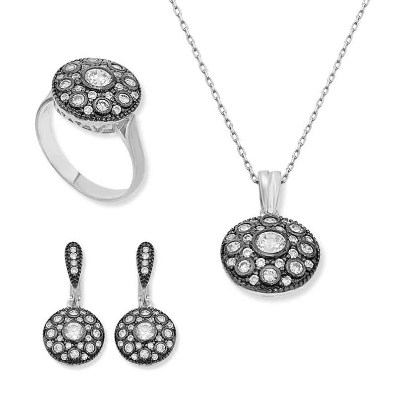 Women's Gemmed Silver Necklace, Ring & Earrings Set