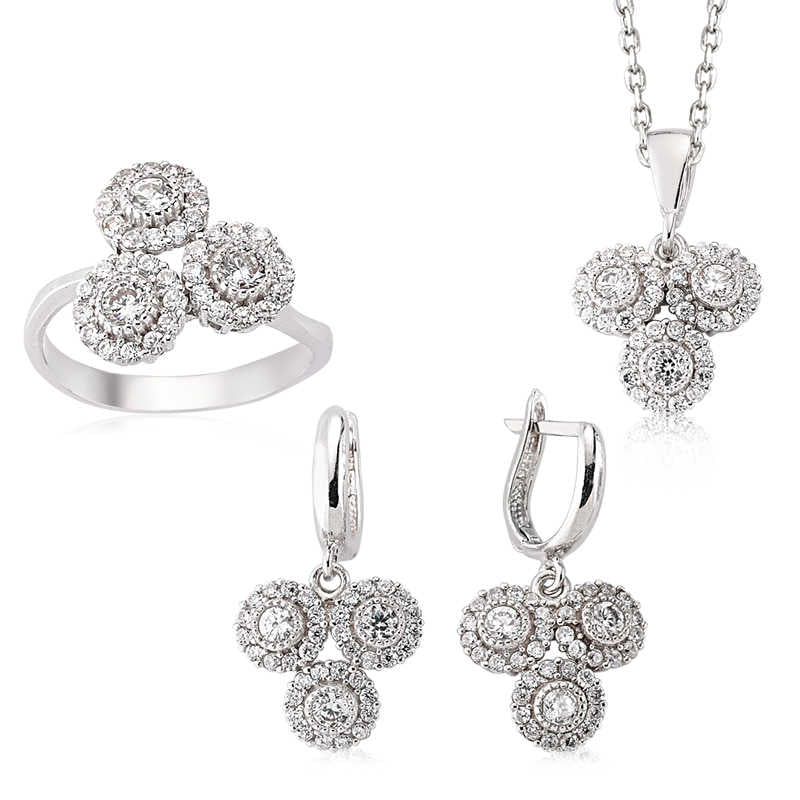 Women's Zircon Gemmed Silver Necklace, Ring & Earrings Set