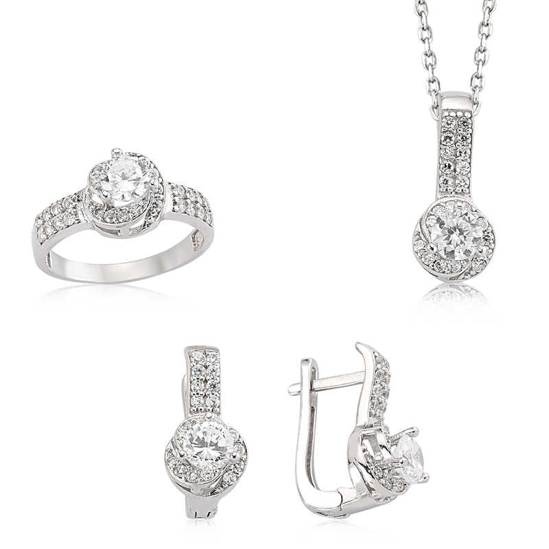 Women's Gemmed Silver Necklace, Ring & Earrings Set