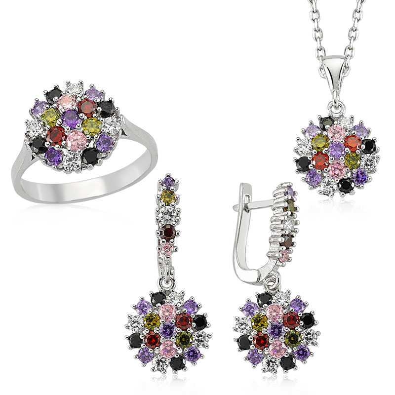 Women's Multi-color Gemmed Necklace, Ring & Earrings Set