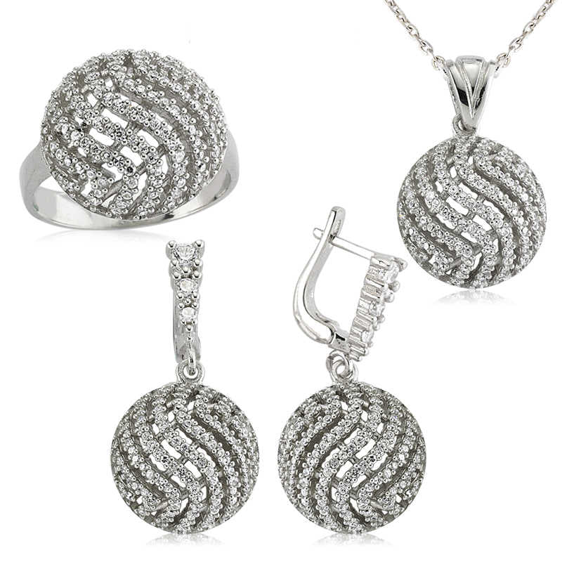 Women's Zircon Gemmed Silver Necklace, Ring & Earrings Set