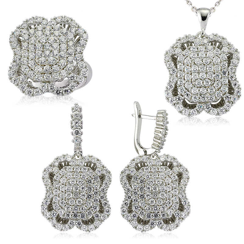 Women's White Gemmed Silver Necklace, Ring & Earrings Set