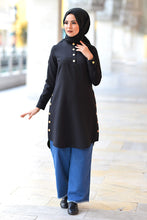 Load image into Gallery viewer, Women&#39;s Crew Neck Button Black Modest Tunic
