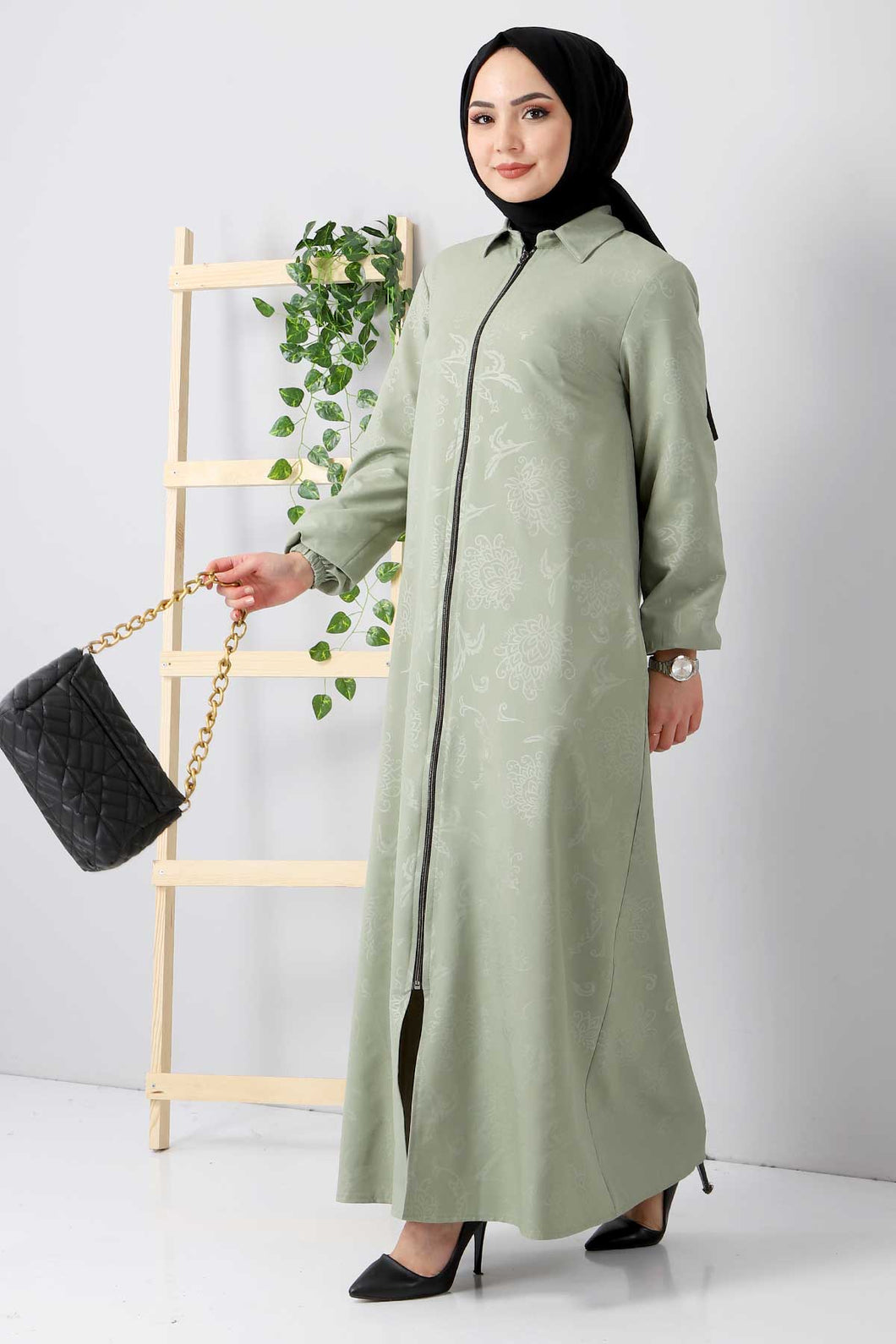 Women's Mint Green Jacquard Abaya