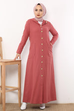 Load image into Gallery viewer, Women&#39;s Hooded Wooden Button Dusty Rose Abaya
