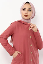 Load image into Gallery viewer, Women&#39;s Hooded Wooden Button Dusty Rose Abaya
