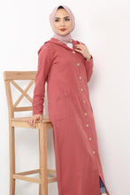 Load image into Gallery viewer, Women&#39;s Hooded Wooden Button Dusty Rose Abaya
