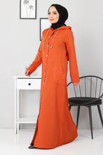 Load image into Gallery viewer, Women&#39;s Hooded Wood Button Orange Abaya
