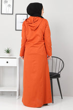 Load image into Gallery viewer, Women&#39;s Hooded Wood Button Orange Abaya
