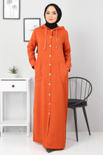 Load image into Gallery viewer, Women&#39;s Hooded Wood Button Orange Abaya
