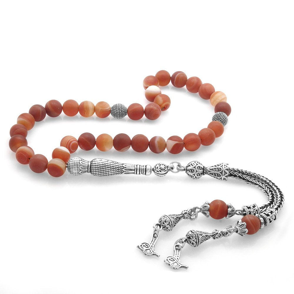 Stainless Metal Fringe Round Cut Red Mat Agate Natural Stone Prayer Beads