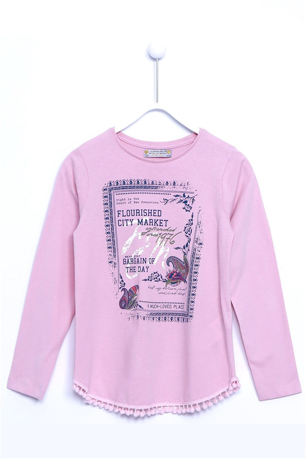 Teen Girl's Long Sleeves Printed Pink T-shirt