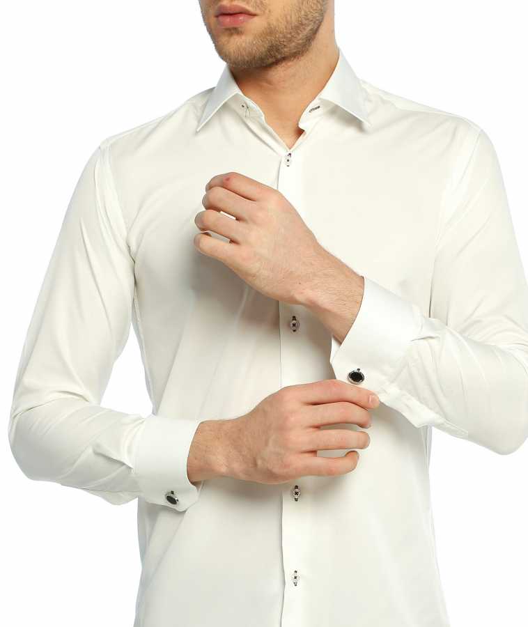 Men's Cufflinks Buttoned Plain Cream Micro fabric Slim Fit Shirt