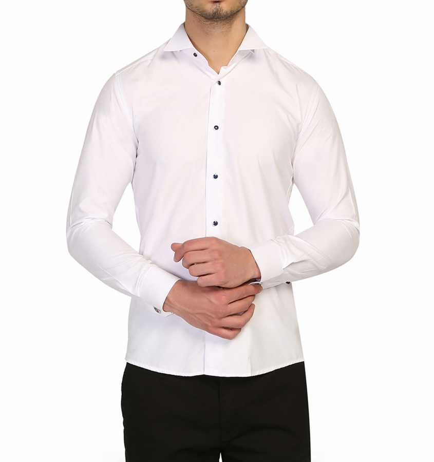 Navy Blue Stone Buttoned White Slim Fit Tuxedo Shirt