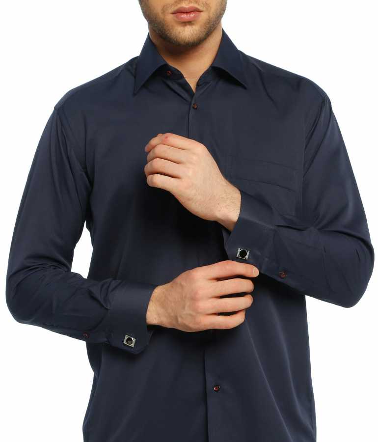 Men's Classic Cut Cufflinks Buttoned Navy Blue Micro Fabric Shirt