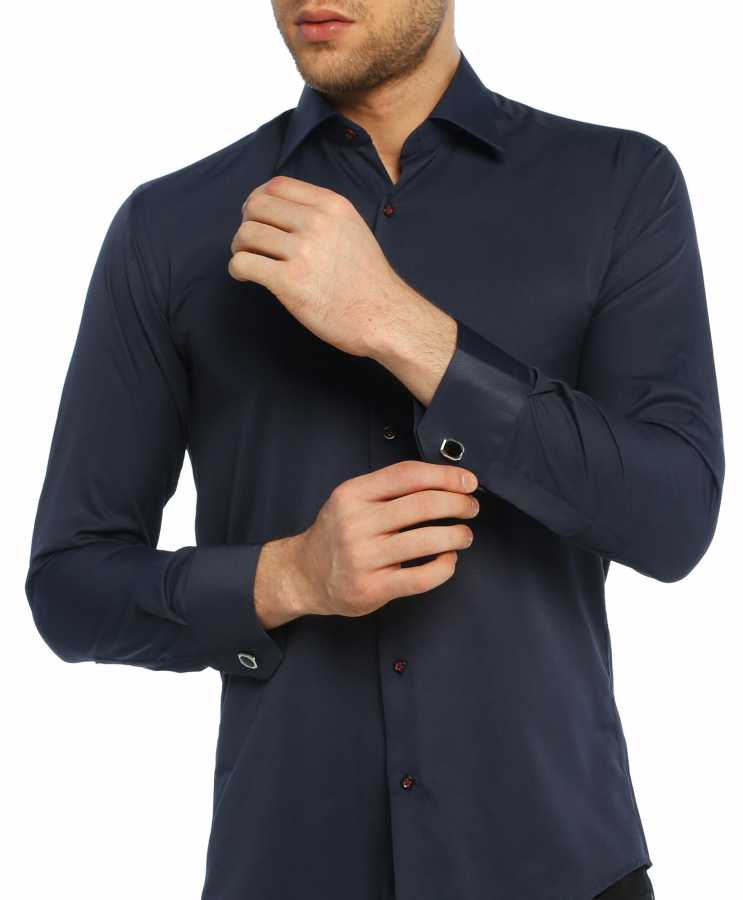 Cufflinks Buttoned Plain Navy Blue Micro Fabric Slim Fit Shirt