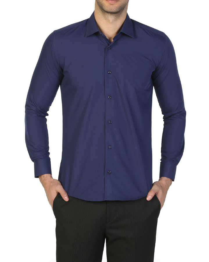 Men's Long Sleeves Plain Navy Blue Slim Fit Shirt