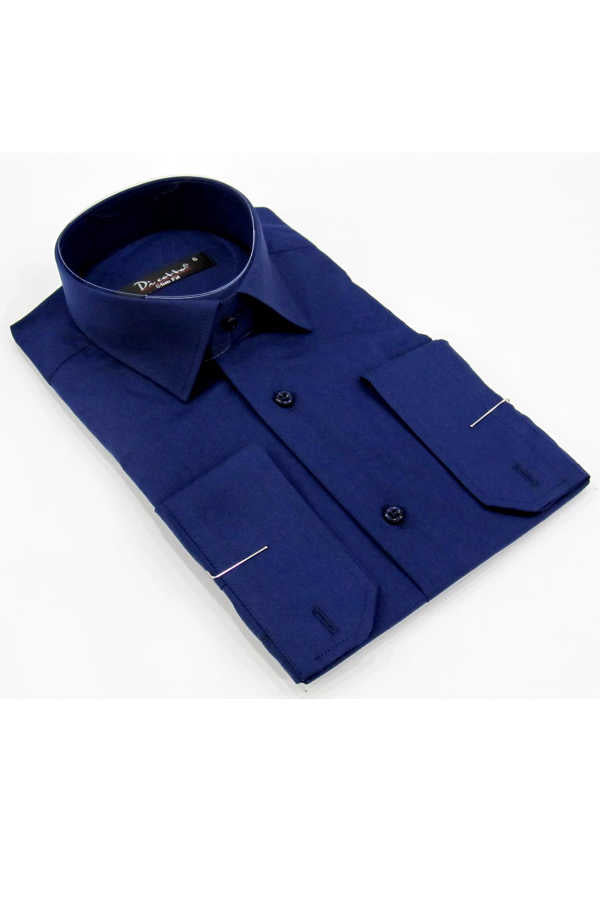 Men's Long Sleeves Plain Navy Blue Slim Fit Shirt