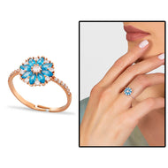 Women's Blue Zircon Gemmed Floral Figure Rose Plated 925 Carat Silver Ring