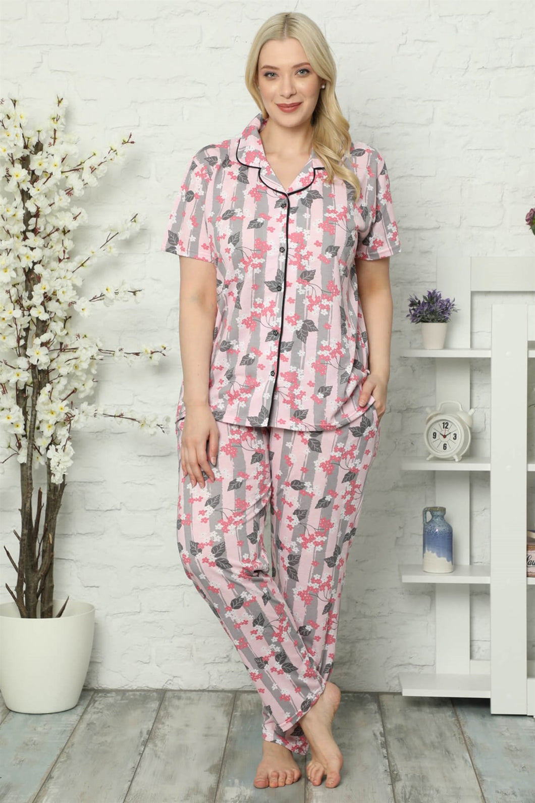 Women's Oversize Short Sleeves Pocket Cotton Pajama Set