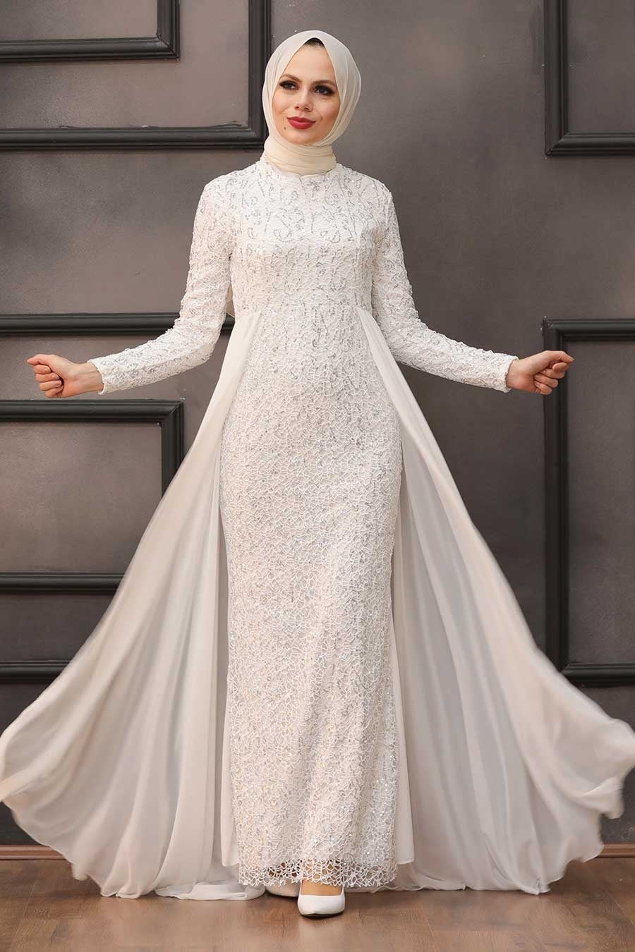 Women's Sequin White Modest Evening Dress