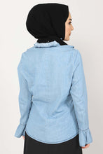 Load image into Gallery viewer, Women&#39;s Frill Light Blue Denim Shirt
