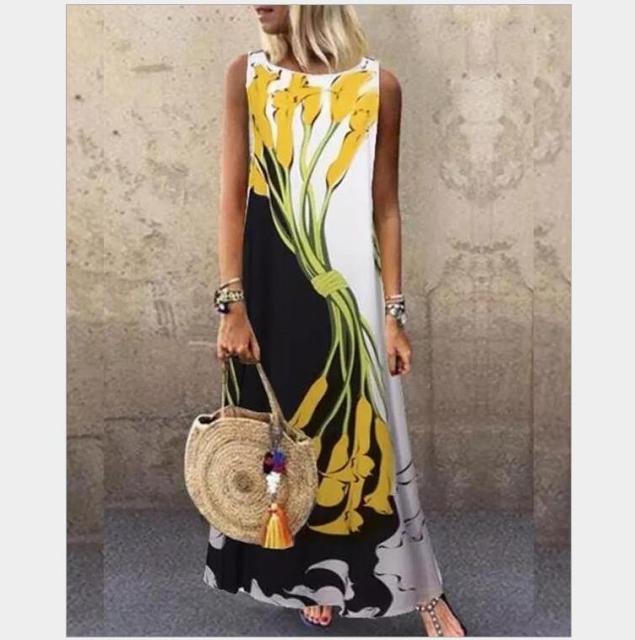 Sundress Women Summer Dress 2020 Printing Sexy Dress Midi Plus Size Casual Linen Loose Sleeveless printed Long Maxi Dress